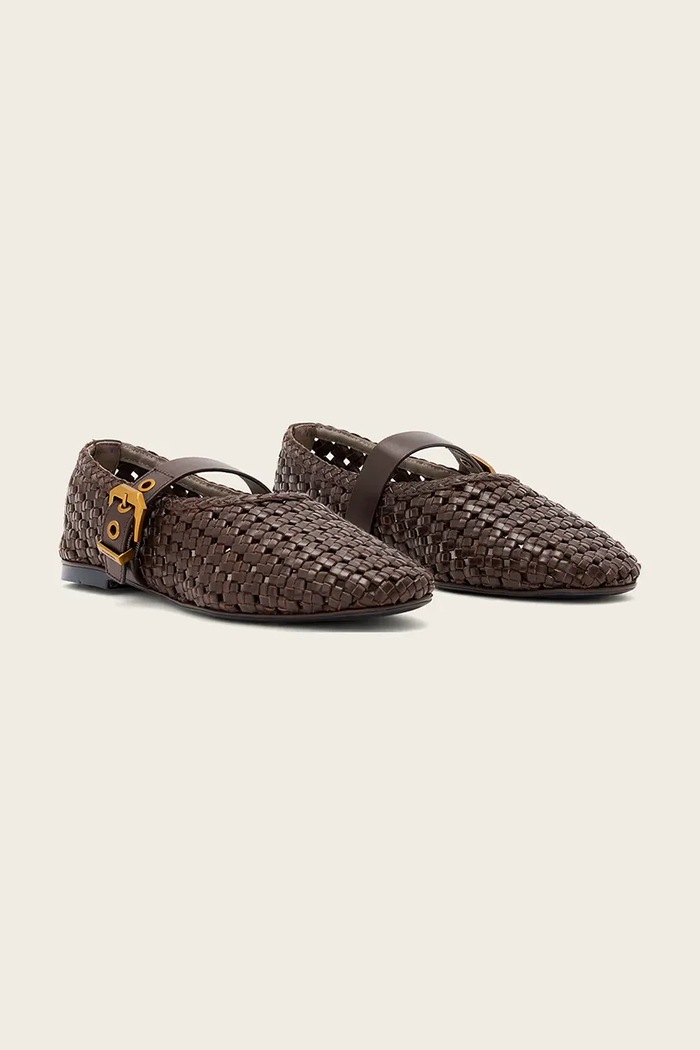 AllSaints σανδάλια δερμάτινα Sabine Woven Flat W102FE καφέ SS26
