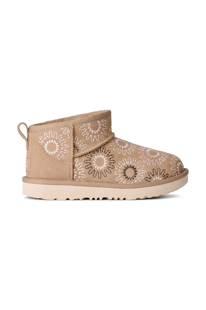 UGG buty zimowe zamszowe dziecięce KIDS' CLASSIC ULTRA MINI SUN STITCH brak zapięcia beżowy 1175211K
