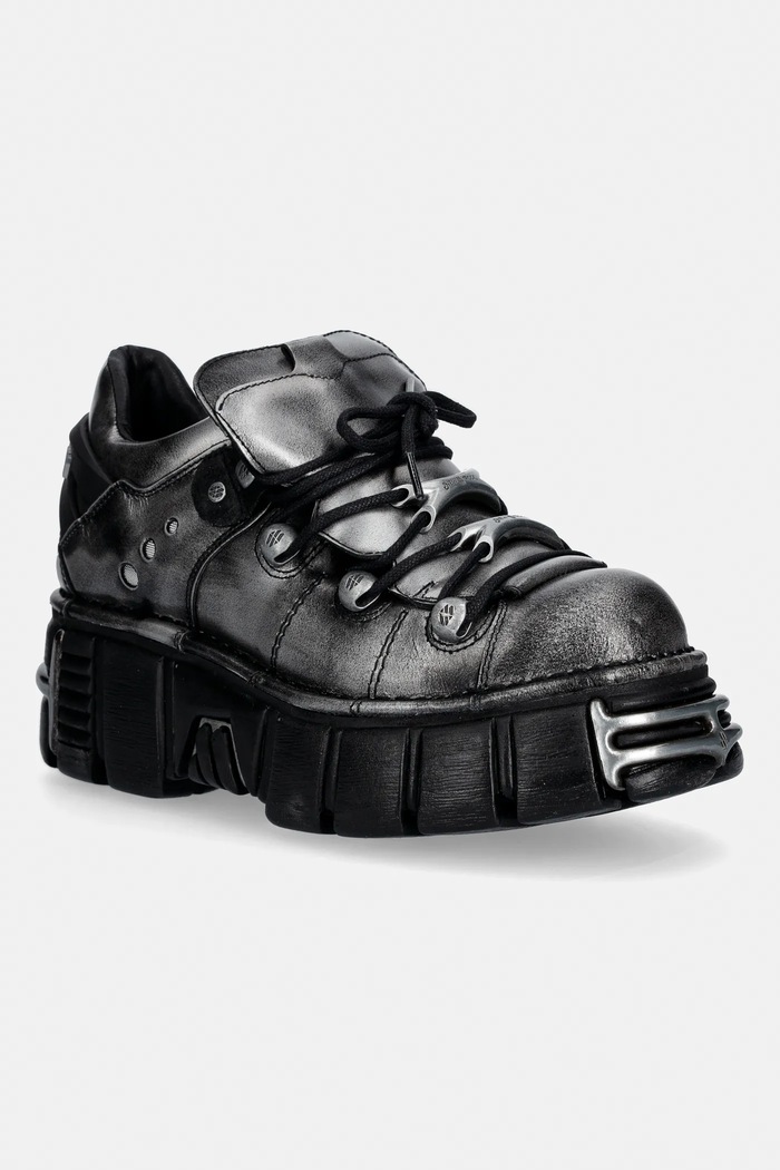 Δερμάτινα κλειστά παπούτσια New Rock PULIK ACERO, TOWER NEGRO ACERO + lateral + ίσια πλατφόρμα γκρί M.120N.C76
