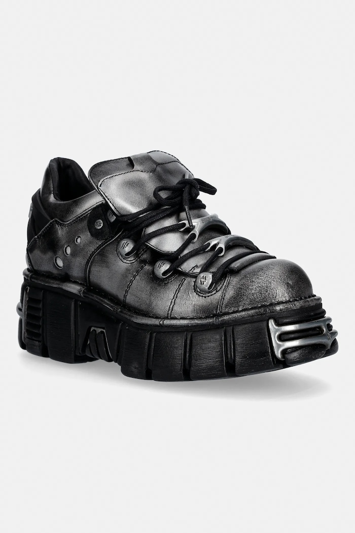 Δερμάτινα κλειστά παπούτσια New Rock PULIK ACERO, TOWER NEGRO ACERO + lateral + ίσια πλατφόρμα γκρί M.120N.C76