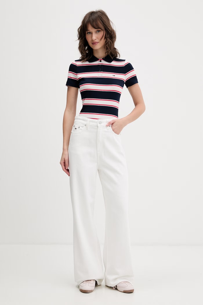 Tommy Jeans Тениска с яка дамска от памук с еластан DW0DW22327 тъмносин SS26