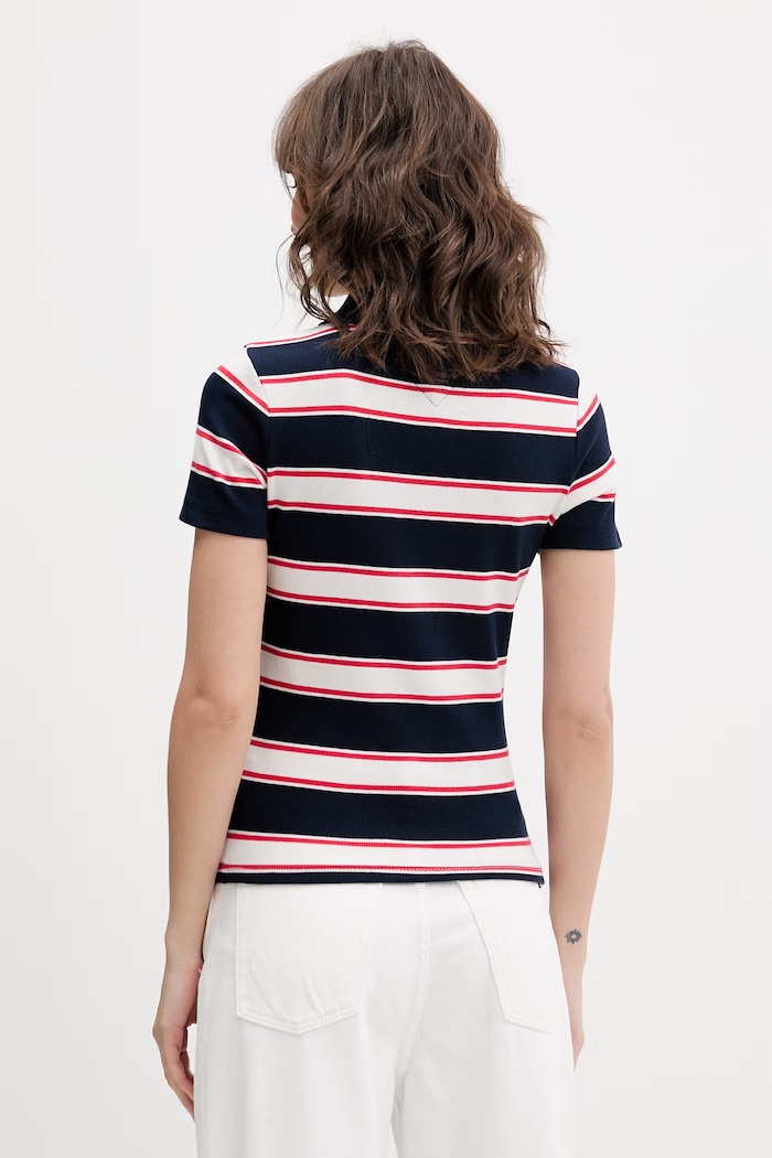 Дрехи Tommy Jeans Тениска с яка дамска от памук с еластан DW0DW22327 тъмносин