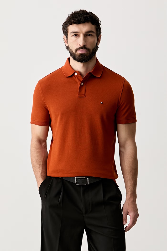 Tommy Hilfiger πόλο ανδρικό βαμβακερό με ελαστάν πορτοκαλί MW0MW17770.