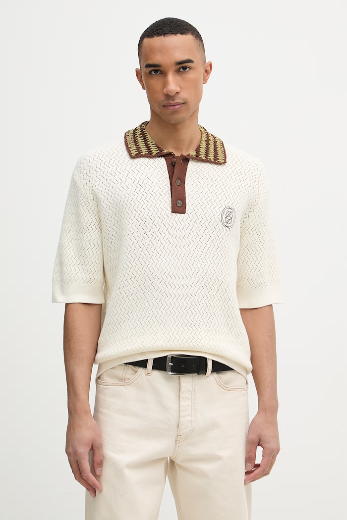 Drôle de Monsieur polo swetrowe męskie bawełniane Maille Ajouré D Miroir beżowy K.PO206.CO292.OW