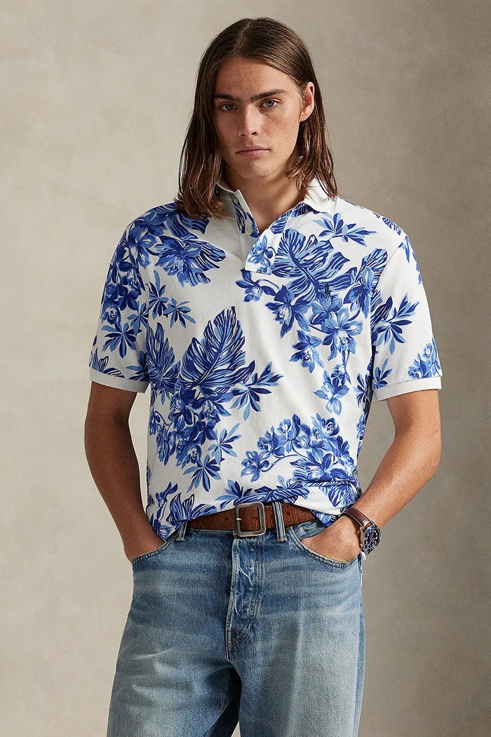 Βαμβακερό μπλουζάκι πόλο Polo Ralph Lauren εμπριμέ μπλε 710P04013