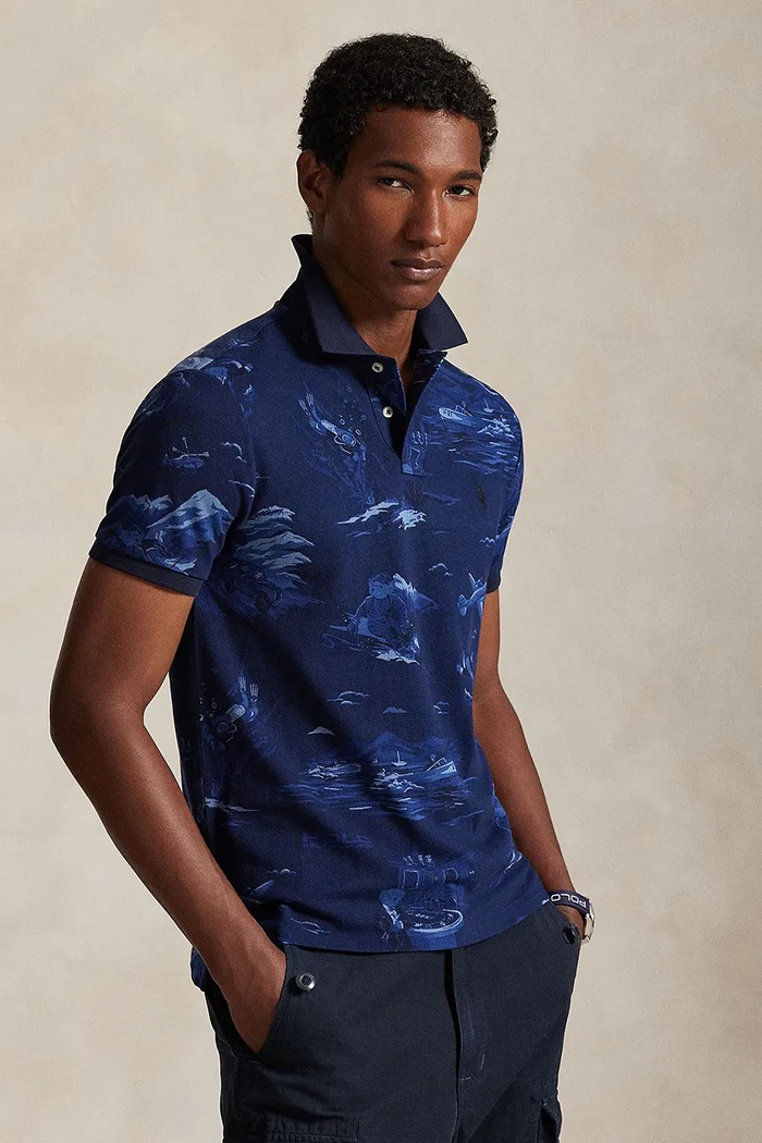 Βαμβακερό μπλουζάκι πόλο Polo Ralph Lauren εμπριμέ σκούρο μπλε 710P04012