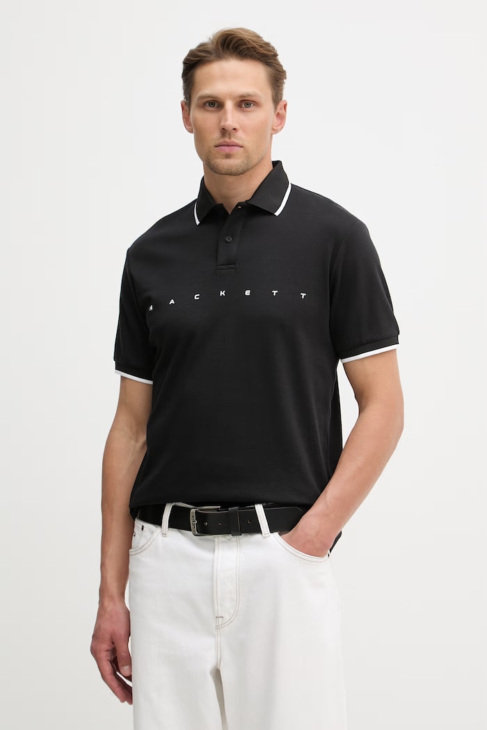 Bavlnené polo tričko Hackett London potlač čierna HM5600120