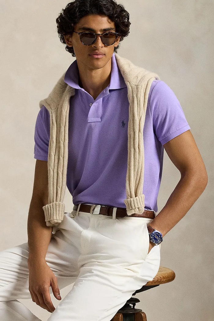 Βαμβακερό μπλουζάκι πόλο Polo Ralph Lauren BASIC MESH 710680784463 μωβ