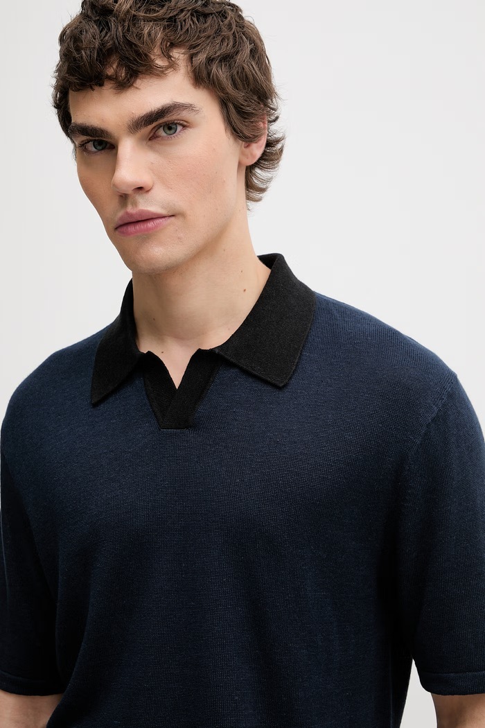 Calvin Klein polo tricotat pentru bărbați, cu amestec de in bleumarin LV04LF313G