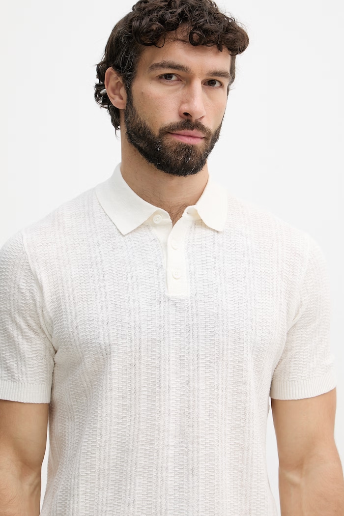 United Colors of Benetton úpletové polo tričko pánske s prímesou ľanu béžová 1DC3U301T