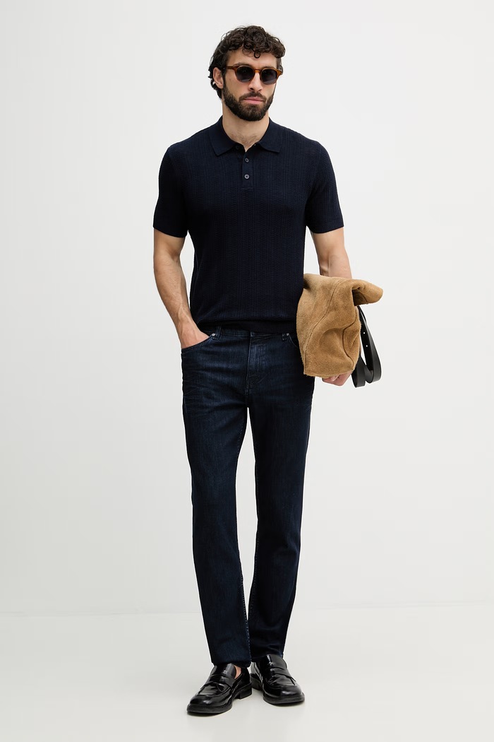 United Colors of Benetton úpletové polo tričko pánske s prímesou ľanu 1DC3U301T tmavomodrá SS26
