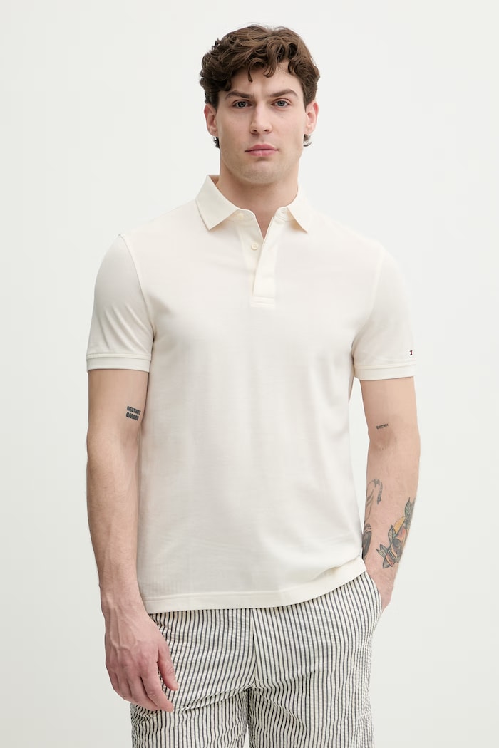 Tommy Hilfiger polo męskie bawełniane beżowy MW0MW41513