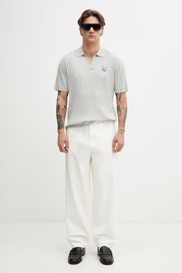 Maison Kitsuné polo męskie z lnem QM00203KT1198 szary