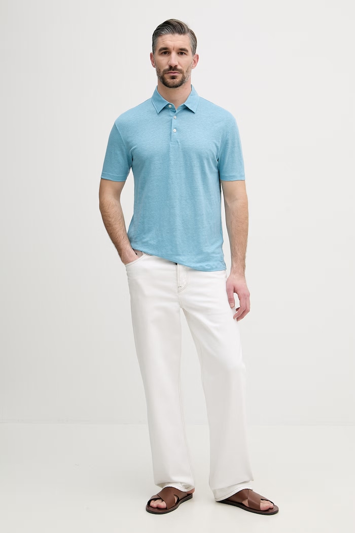 BOSS polo męskie lniane BOSS X DAVID BECKHAM 50560534 niebieski SS26