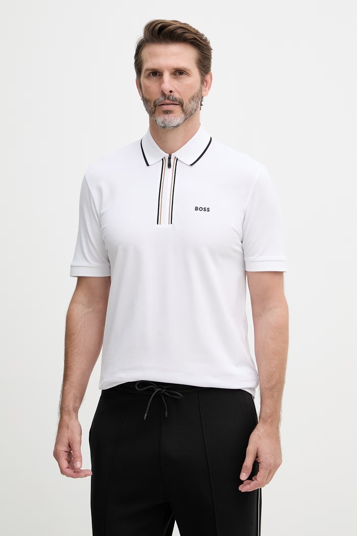 BOSS Green polo majica moška bombažna z elastanom bela 50555698