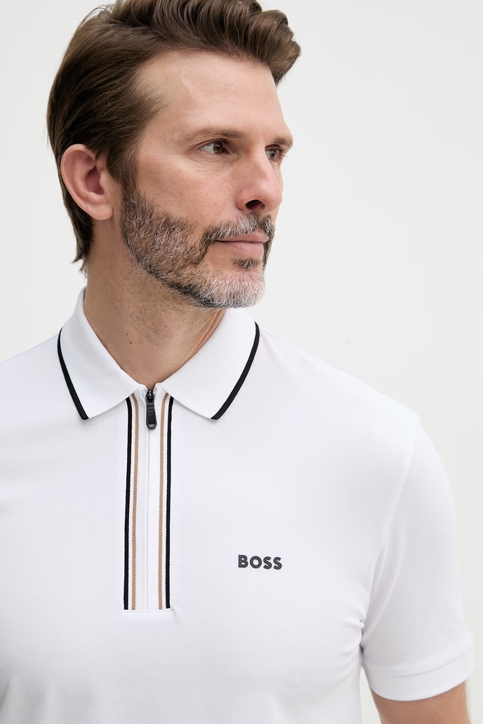 BOSS Green polo majica moška bombažna z elastanom bela 50555698