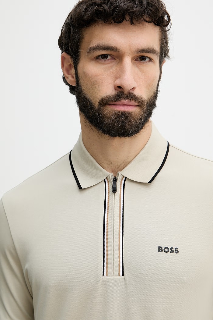 BOSS Green polo majica moška bombažna z elastanom bež 50555698