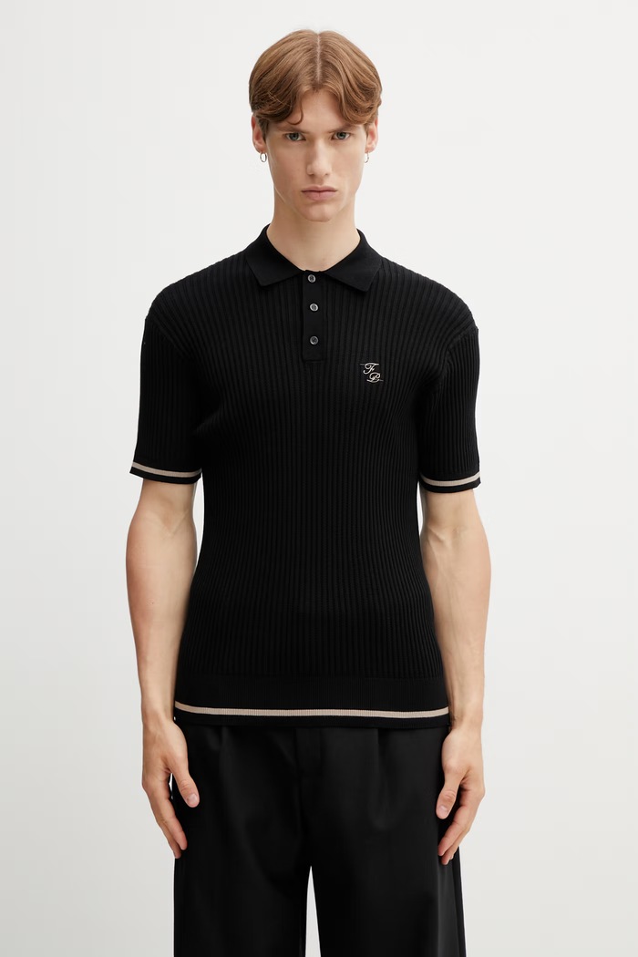 Filling Pieces Fine Knit polo pentru bărbați din bumbac negru 412670500302.131