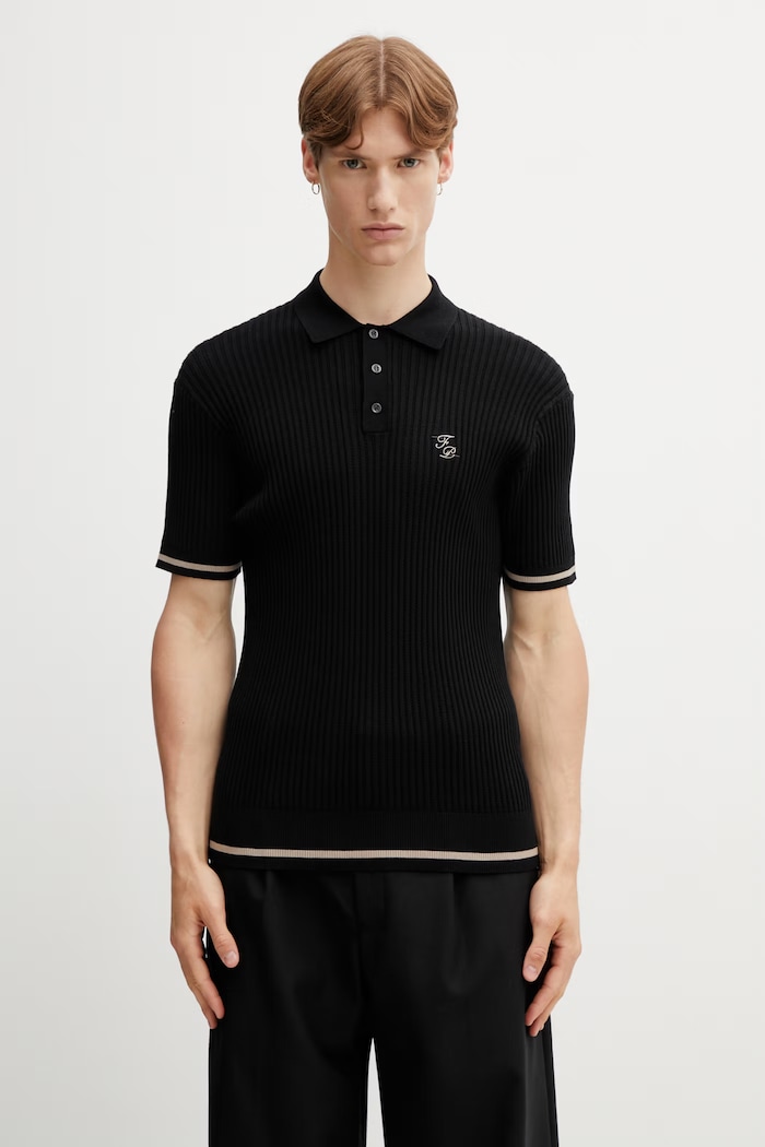 Filling Pieces Fine Knit polo pentru bărbați din bumbac negru 412670500302.131