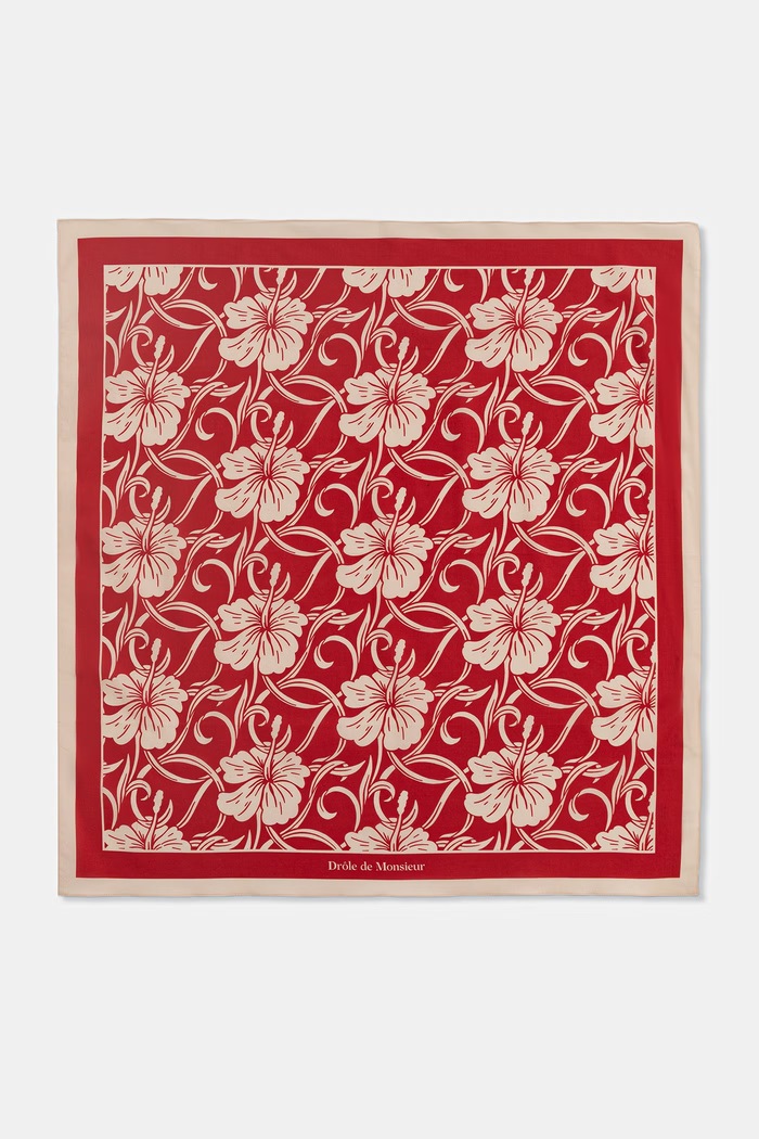 Drôle de Monsieur Monogramme Hibiscus τετράγωνο μαντήλι βαμβακερό γυναικείο κόκκινο K.BA028.CO128.RD