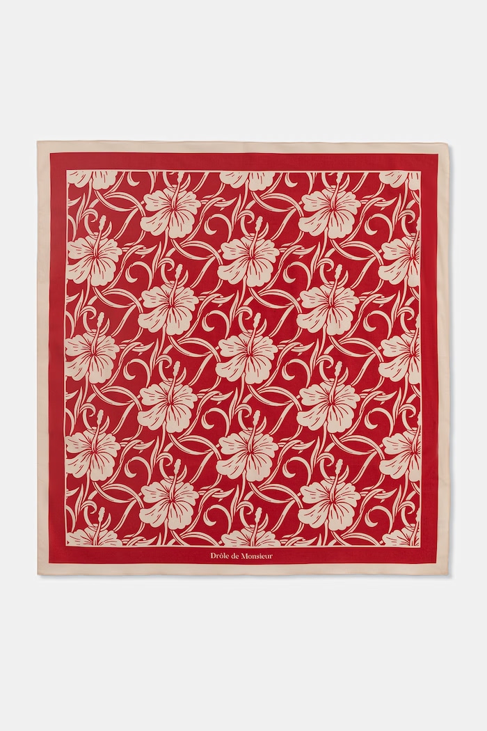 Drôle de Monsieur Monogramme Hibiscus τετράγωνο μαντήλι βαμβακερό γυναικείο κόκκινο K.BA028.CO128.RD