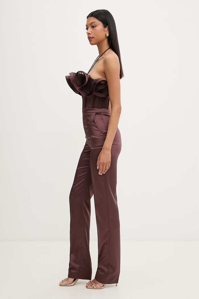 Elisabetta Franchi salopetă cu volane pentru femei TU06562E2 maro SS26
