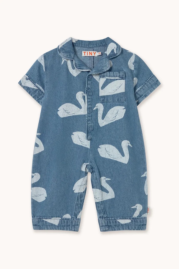 Kojenecký džínový overal Tinycottons BIG SWANS BABY ONE-PIECE riflovina modrá SS26.326