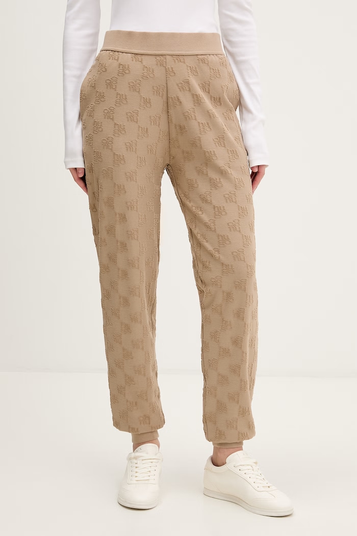 HUGO spodnie lounge damskie z bawełną TERRYMONOGRAM_PANTS dzianina beżowy 50556809
