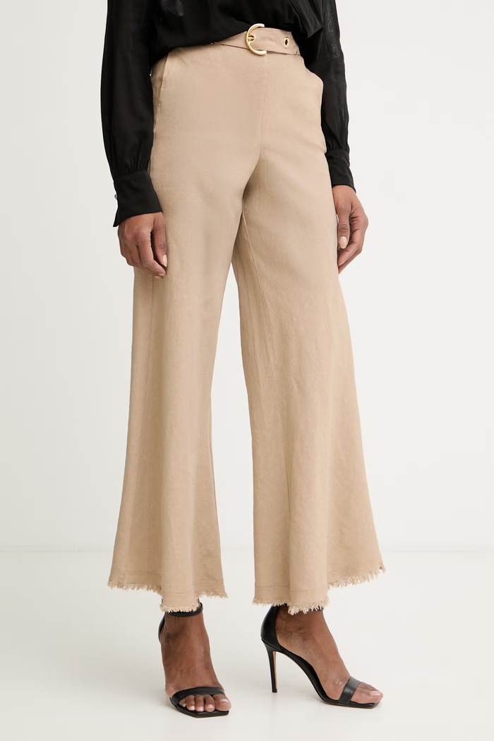 Pinko spodnie flare damskie z lnem beżowy 106548.A34G