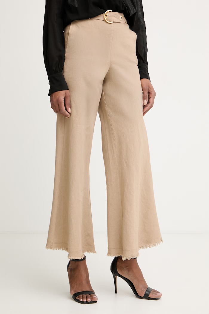 Pinko spodnie flare damskie z lnem beżowy 106548.A34G
