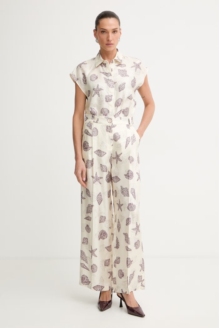 Marella pantaloni palazzo pentru femei, din mătase OPOSSUM 2613131172200 bej SS26