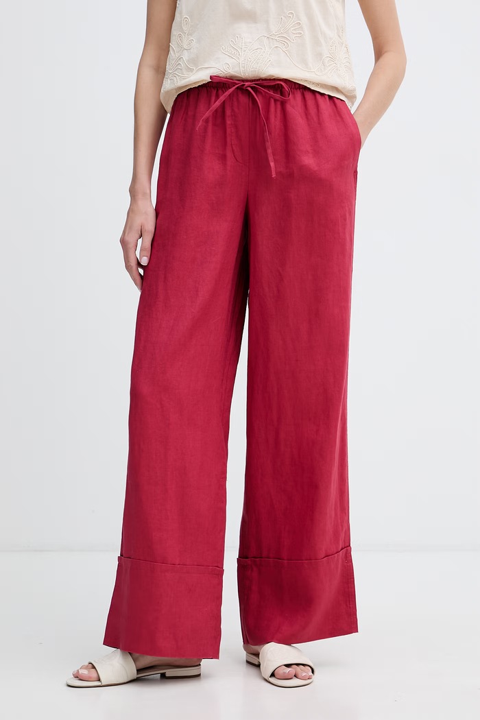 United Colors of Benetton nohavice dámske ľanové burgundské 4AGHDF0BF