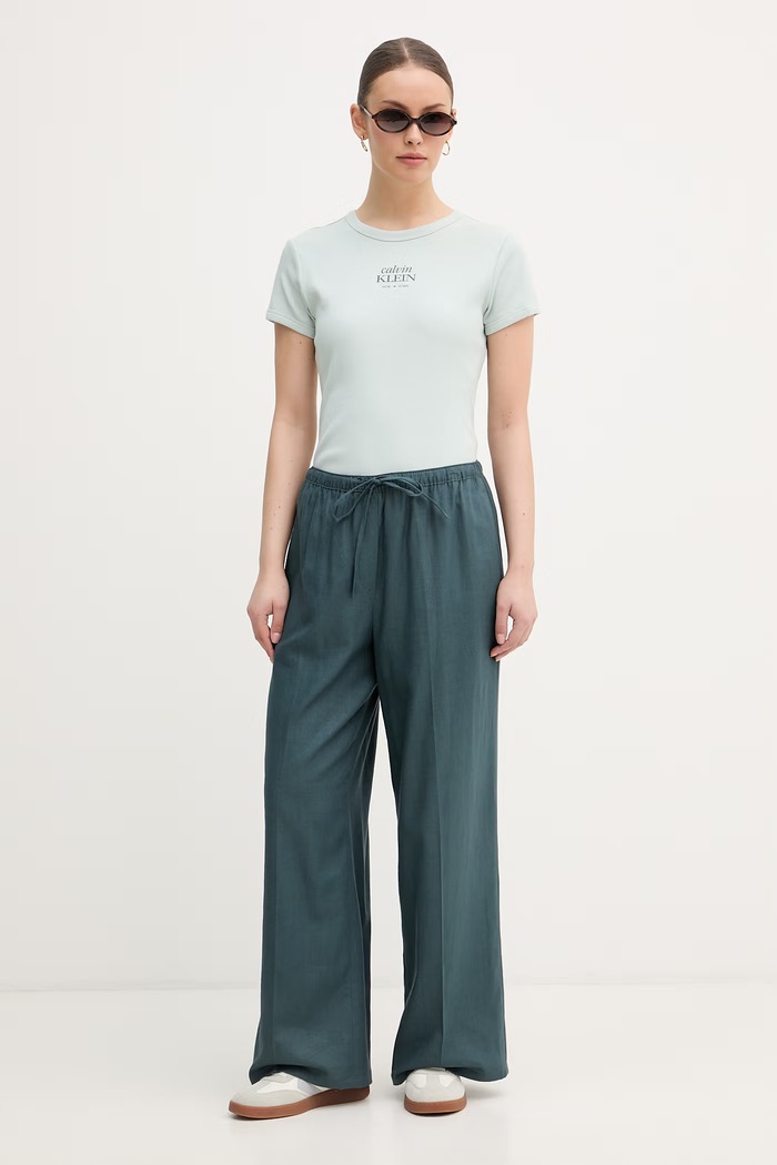 Calvin Klein Jeans hlače ženske z lanom LV047F631G turkizna SS26