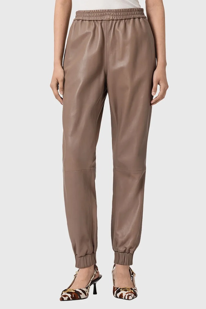 Δερμάτινο παντελόνι AllSaints JEN ψηλή καφέ W064TE