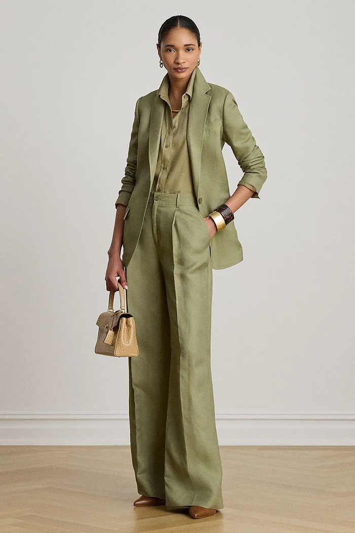 Odzież Lauren Ralph Lauren spodnie palazzo damskie z lnem 200P13458 zielony