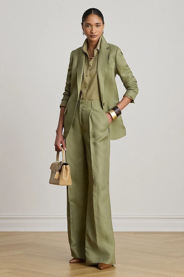 Odzież Lauren Ralph Lauren spodnie palazzo damskie z lnem 200P13458 zielony