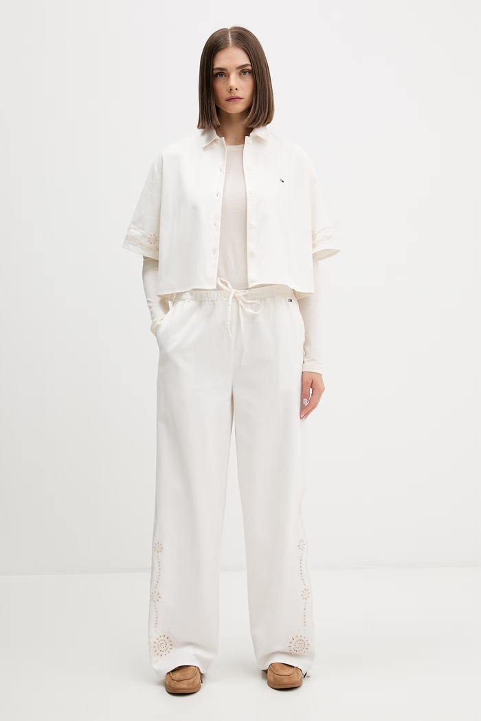 Tommy Jeans spodnie wide leg damskie z dodatkiem lnu DW0DW22287 beżowy SS26