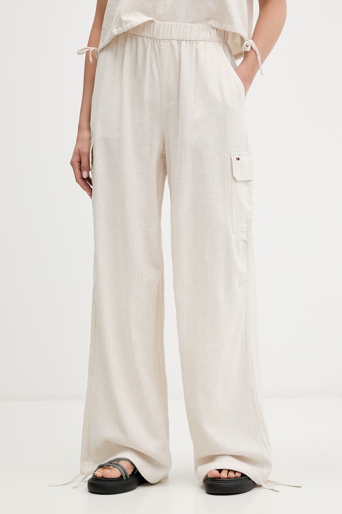 Tommy Jeans spodnie damskie z lnem beżowy DW0DW22290