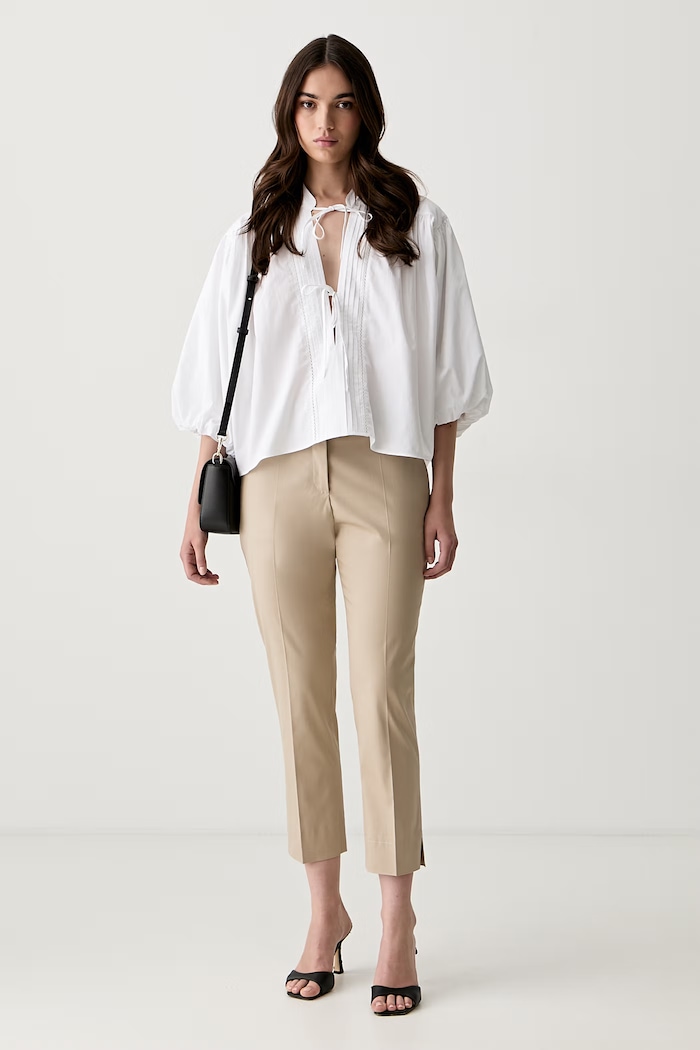 BOSS pantaloni carrot pentru femei, din bumbac cu elastan Tapria-Crop2 50551937 bej SS26