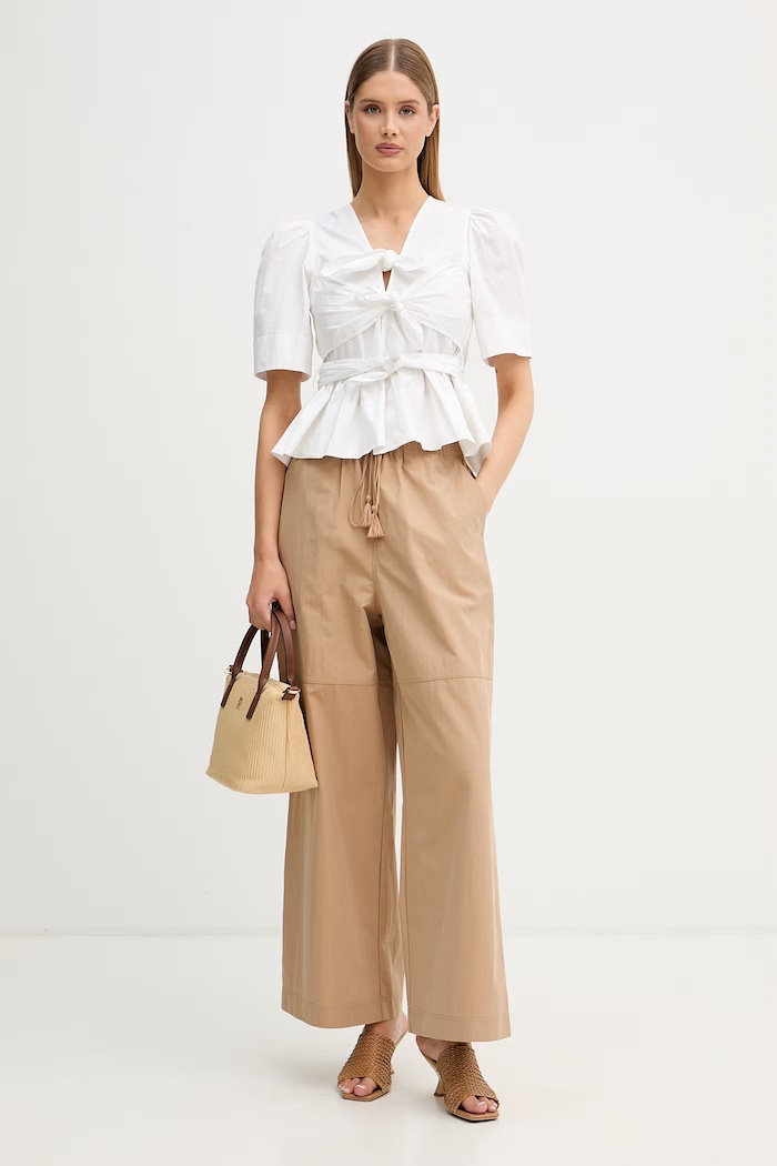 Sisley spodnie wide leg damskie z bawełną 4IJSLF095 beżowy SS26
