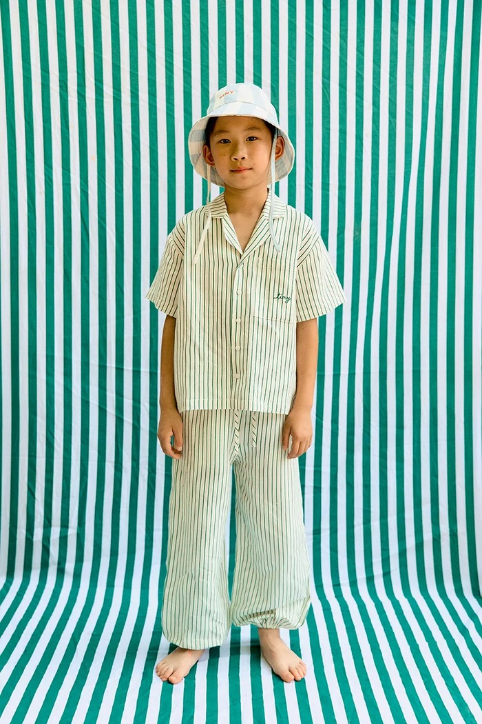 Otroške hlače z dodatkom lana Tinycottons EMERALD STRIPES PANT Tkanina bela SS26.244