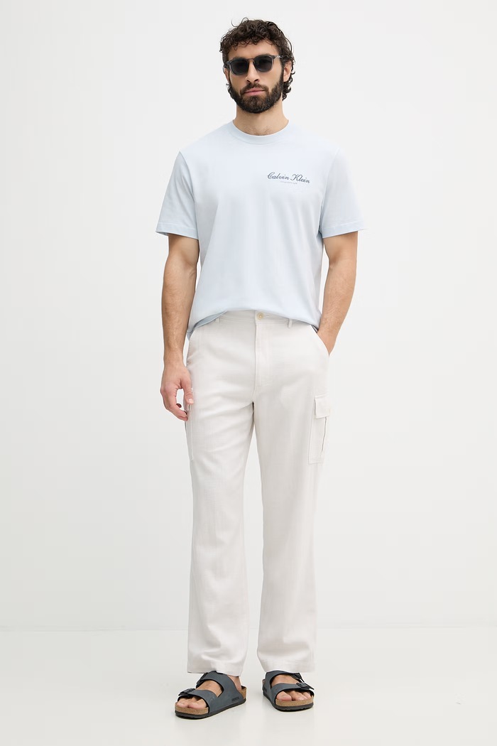 Calvin Klein Jeans nohavice cargo pánske s ľanom LV04RF611G béžová SS26