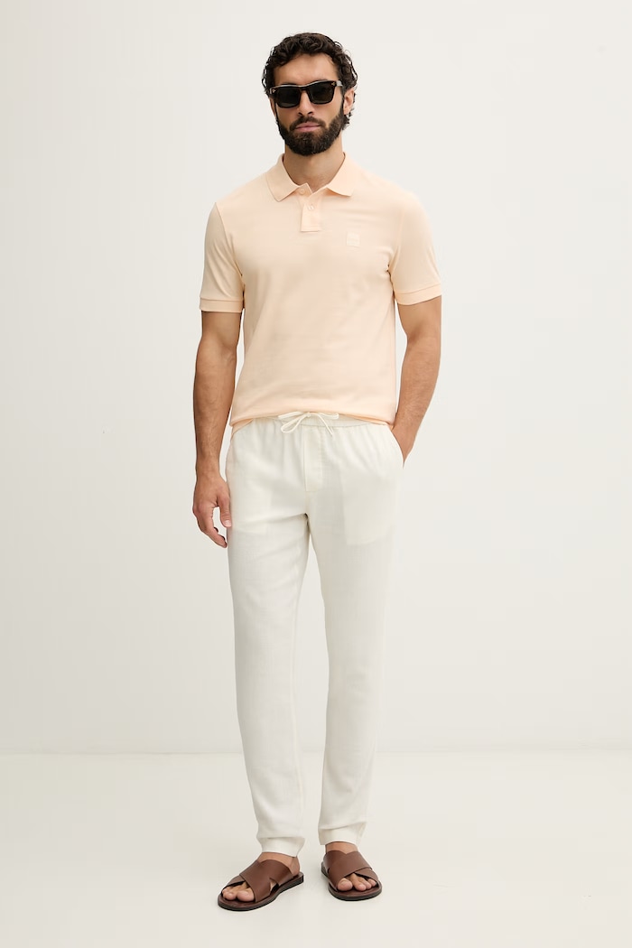 Tommy Hilfiger nohavice pánske s prímesou ľanu MW0MW42336 béžová SS26
