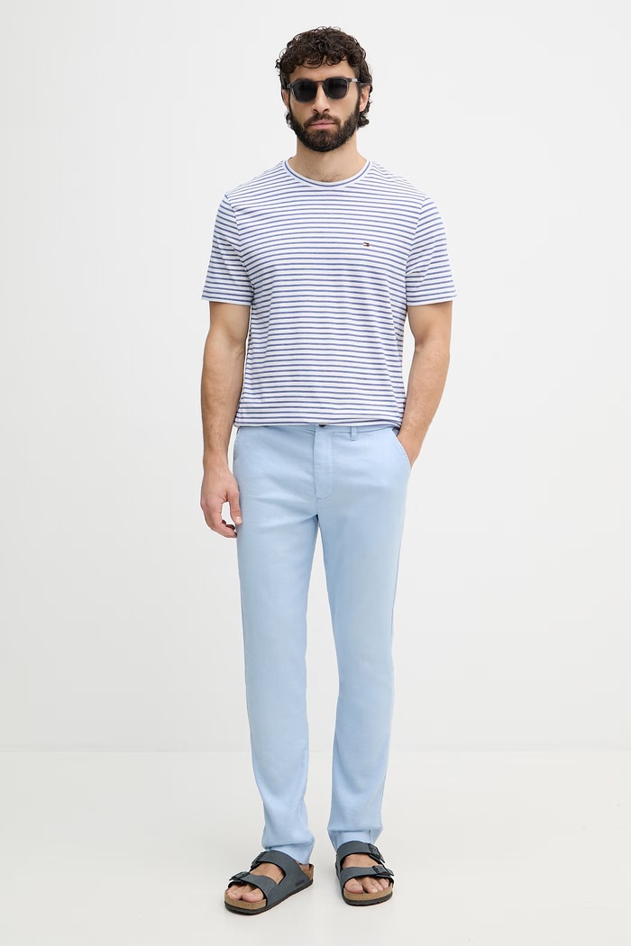 Tommy Hilfiger nohavice pánske s ľanom MW0MW42337 modrá SS26