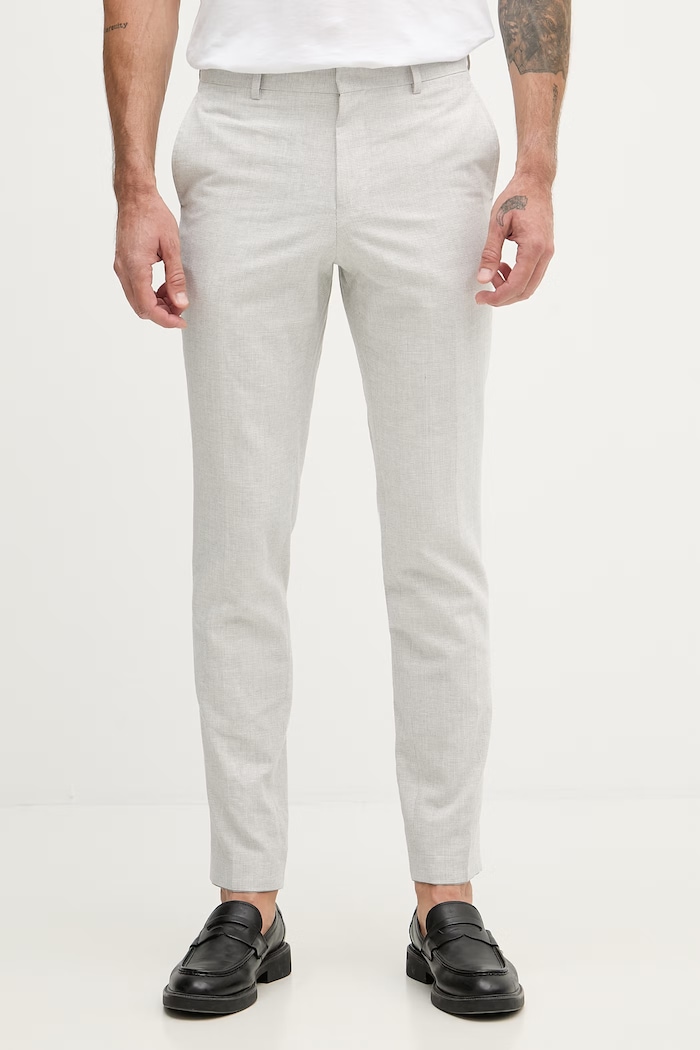 BOSS nohavice slim fit pánske s prímesou ľanu Genius sivá 50561874