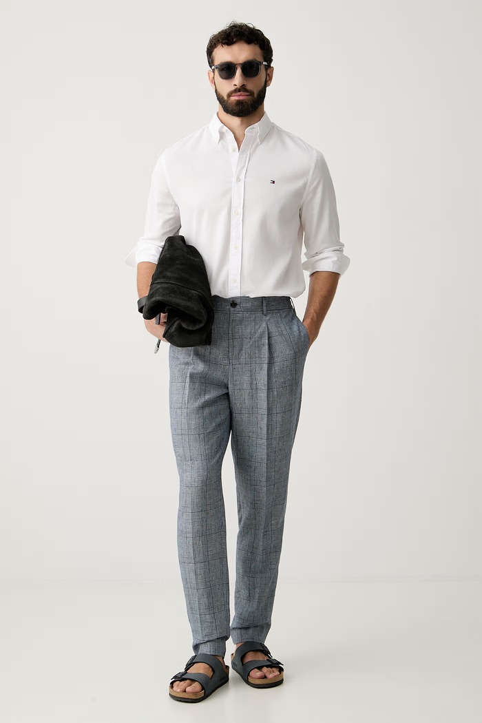 Tommy Hilfiger παντελόνι κοστουμιού ανδρικό λινό NEW YORK MW0MW42715 σκούρο μπλε SS26