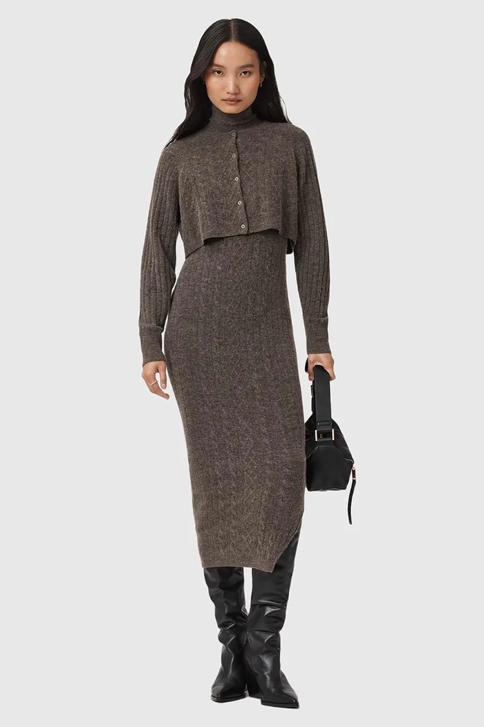 AllSaints sukienka i kardigan z dodatkiem wełny z elastanem brązowy W208DD