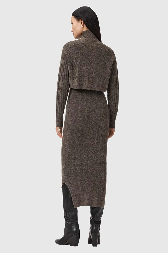 AllSaints sukienka i kardigan z dodatkiem wełny W208DD brązowy SS26