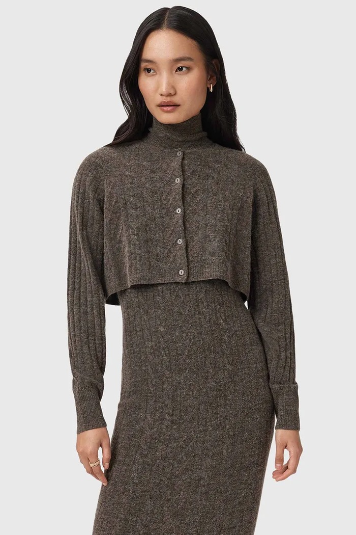 AllSaints sukienka i kardigan z dodatkiem wełny brązowy W208DD