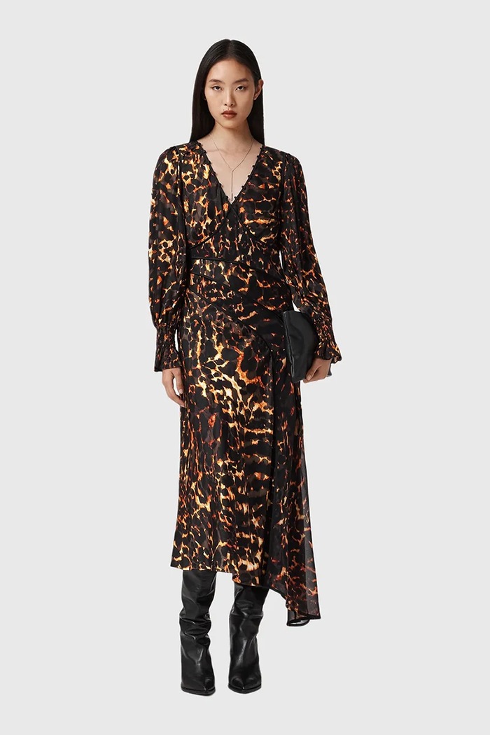 AllSaints rochie din mătase midi maro W102DD